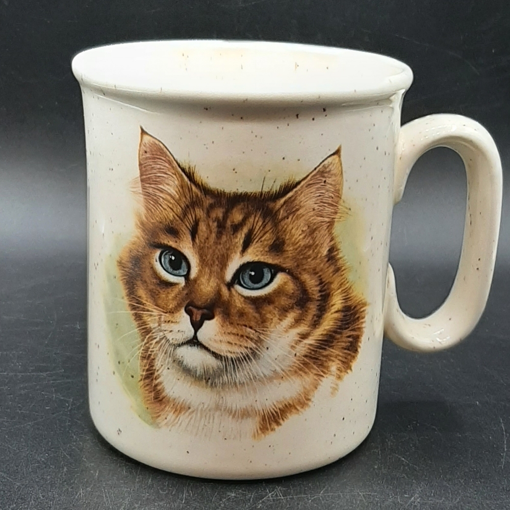 Vintage Studio Pottery Large Blue Eyed Cat Transferware Mug Handmade 4 1/2" Tall